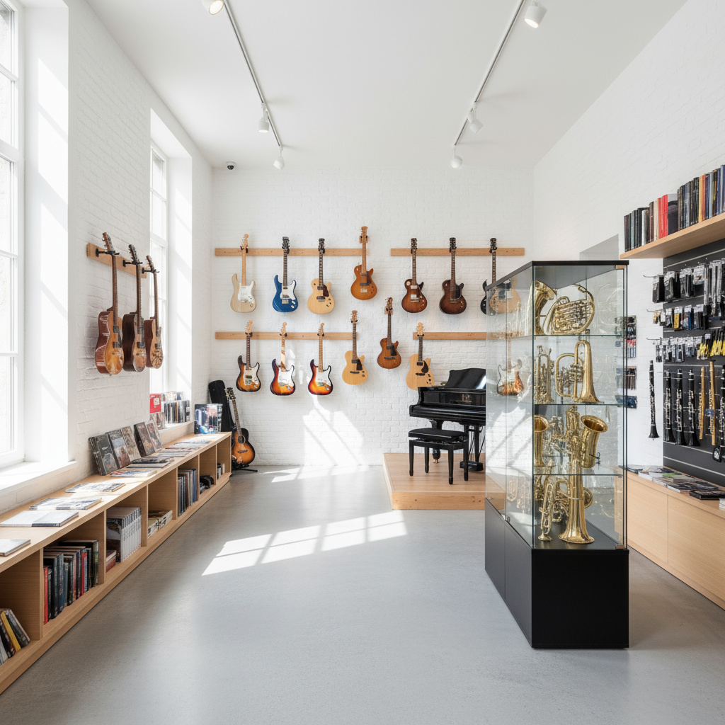 Innenaufnahme des Rimosa Musikhaus mit Instrumenten und Zubehör