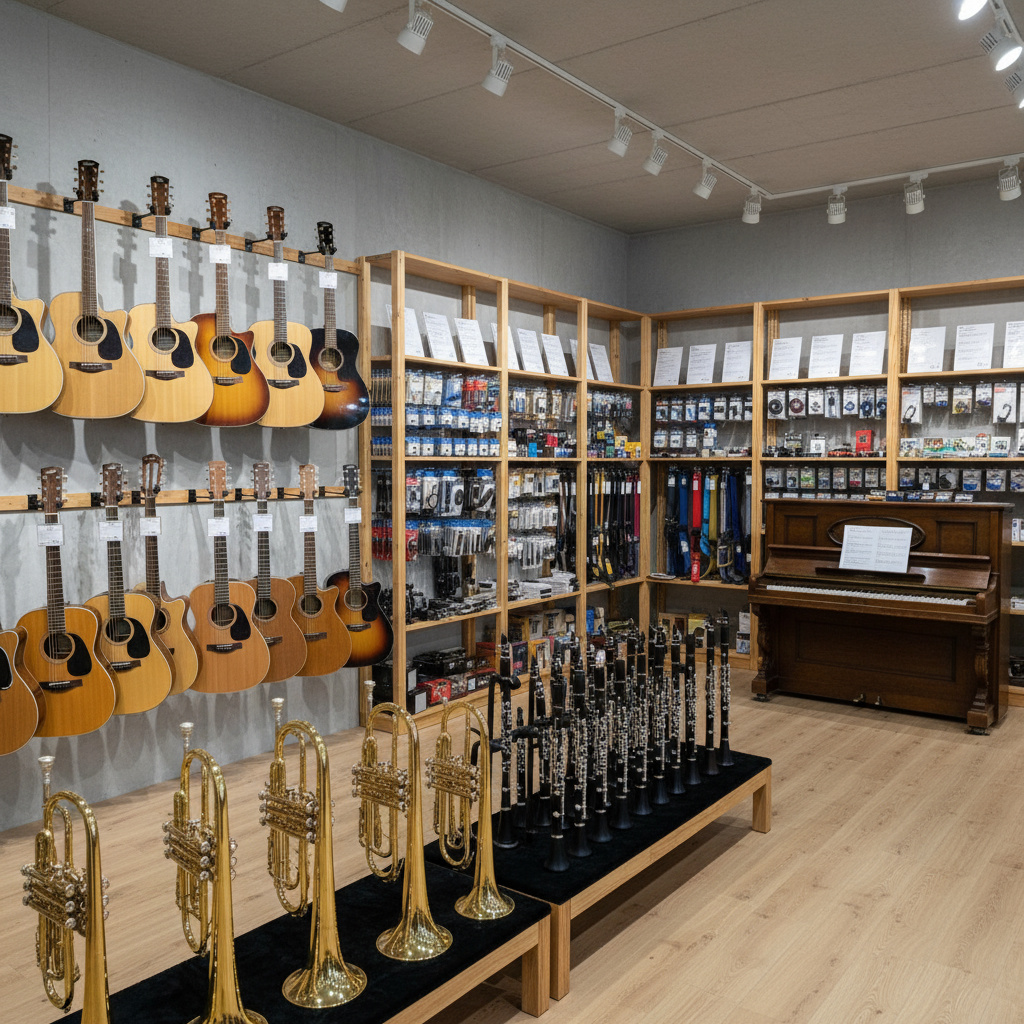 Instrumente im Rimosa Musikhaus: Gitarren, Blasinstrumente und Piano